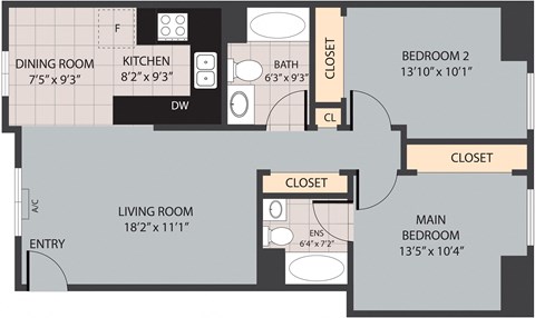 Floor plan for 2 beds, 2 baths, 900 sqft